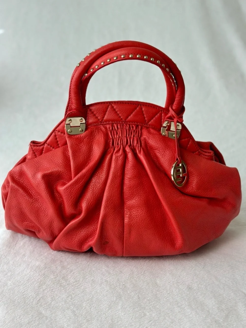 Elliott Lucca Satchel Handbag Pleated Red Leather With Studded Handles